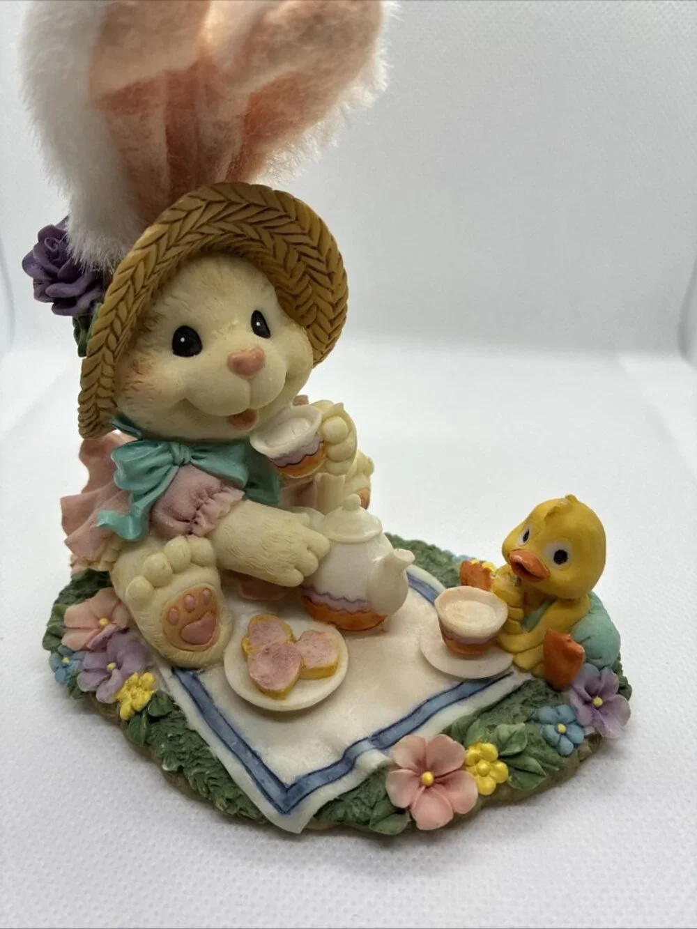 Vintage Easter Bunny Tea Party Figurine Chick Picnic Resin Decor Fuzzy Ears